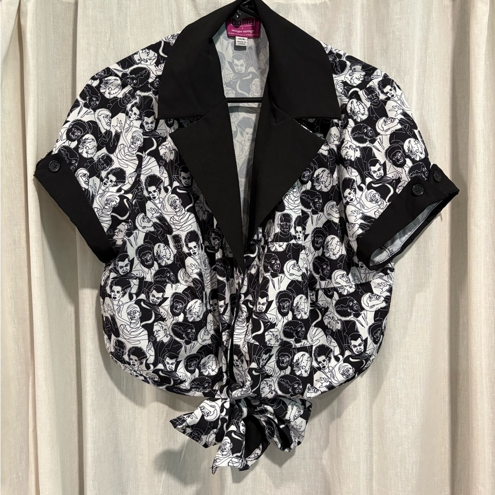 Unique Vintage Black and White Graphic Blouse- Universal Monsters
